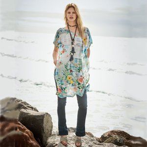 JOHNNY WAS 100% Silk Plaid Floral Print Tunic Dress Sz XL